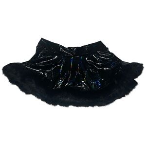 Windsor Shiny Black Skater Skirt with Faux Fur Trim